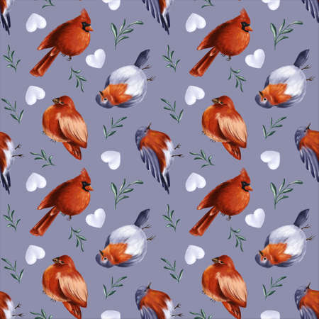 Seamless winter pattern with birds, heart-shaped snowball, mistletoe branches on purple background. The endless backdrop for holiday decoration, gift wrapping, wallpaper, scrapbooking, textile, invitation. High-quality illustrationの写真素材