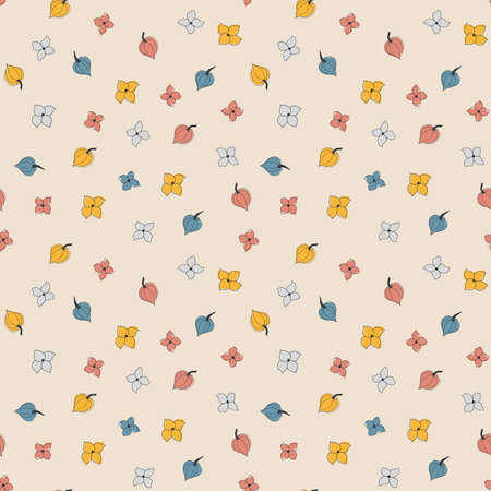 Vector seamless autumn pattern of cute tiny orange, red, blue, and grey leaves and flowers stylized in a flat and doodle style in the light background. Hand-drawn leaf texture. Background for textile wallpapers, scrapbooking, design, hobby, graphic art, printing, invitation. Vector illustration.のイラスト素材