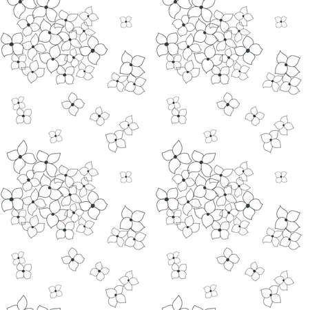 Vector seamless pattern of trendy black hydrangea doodle flowers on white background. Endless backdrop, digital freehand drawn botanical ornament for textile, scrapbooking, wrapping paper, invitations. Vector illustration. Vector illustrationのイラスト素材