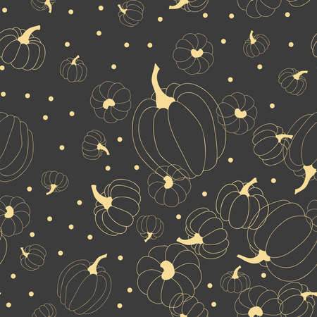 Vector seamless pattern of yellow doodle hand drawn autumn pumpkins and dots on grey background. Endless ornament for textile, gift wrap, wallpaper, wrapping, scrapbooking and more.のイラスト素材