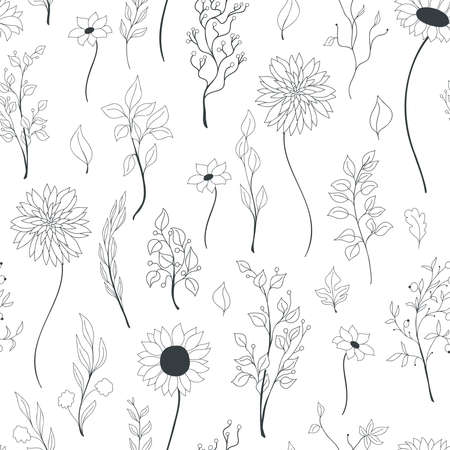 Vector seamless doodle pattern of black-lined autumn flowers, leaves, and branches on white background. The endlessly repeated backdrop of fall motives for wrapping, textile, gift paper, scrapbooking.のイラスト素材