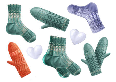 Set of hand-painted clip art winter elements isolated on white backgrounds. Knitted green blue and red socks and mittens, and heart-shaped snowballs. Elements for winter celebrations cards, invitations, decoration, gift wrapping, scrapbooking. High-quality illustrartionの写真素材