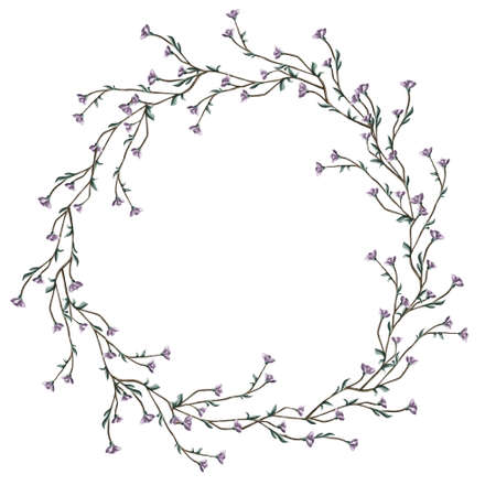 Circle wreath of natural branches with tiny purple flowers and leaves. Hand-drawn botanical round frame for anniversary postcards, wedding invitations, scrapbooking, packaging, etc.の写真素材