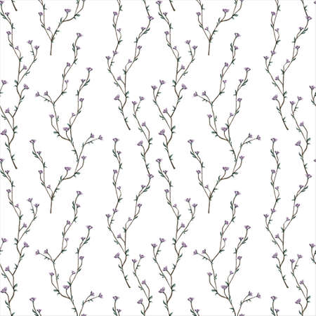 Digital floral seamless pattern. Brown twigs with tiny purple blossoms and leaves on the white background. Endless background with beautiful gentle flowers. Ideal for wrapping paper, wedding invitations.の写真素材