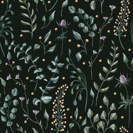 Digital floral seamless pattern. Purple and yellow flowers and green leaves on the dark background. Endless background with beautiful gentle flowers. Ideal for wrapping paper, wedding invitations.の写真素材