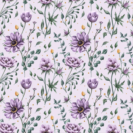Digital floral seamless pattern. Purple anemones and green leaves on the light purple background. Endless background with beautiful gentle flowers. Ideal for wrapping paper, wedding invitations.の写真素材