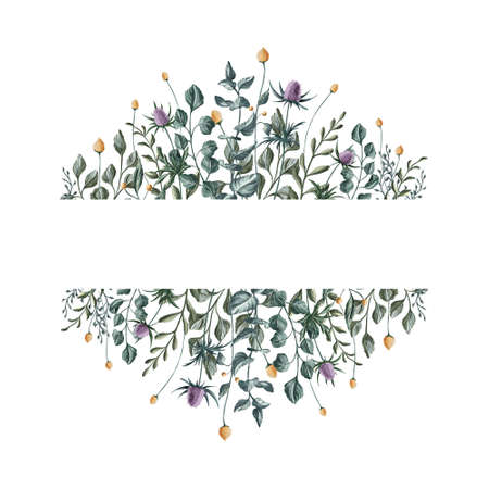 Hand-drawn foliage horizontal frame of various leaves and twigs with tiny yellow flowers. Botanical frame with place for text on the white background for anniversary postcards, wedding invitations, postcards, and posters.の写真素材