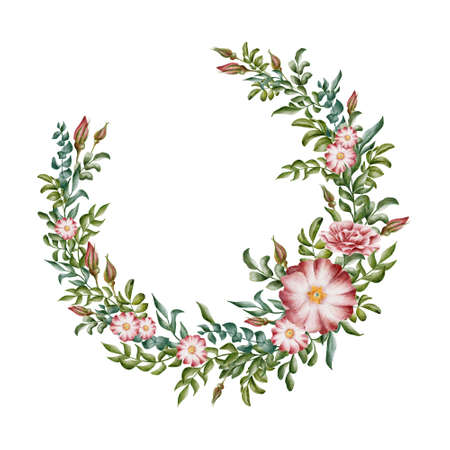 Digital watercolor flower wreath with pink wild rose hip flowers, and green leaves on the white background. Hand-drawn illustration for wedding and other celebration invitations.の写真素材