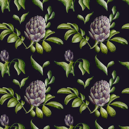 Beautiful watercolor floral seamless pattern with purple artichoke and green leaves on the dark background. Rustic hand-drawn nature ornament for wrapping paper, fabric, paper for scrapbooking, wedding invitations.の写真素材