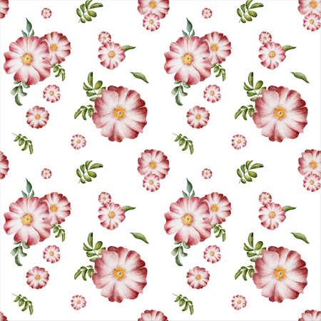 Elegant watercolor floral seamless pattern with pink rosehip flowers and green leaves on the white background. Pretty hand-drawn nature ornament for wrapping paper, fabric, paper for scrapbooking, wedding invitations, etc.の写真素材