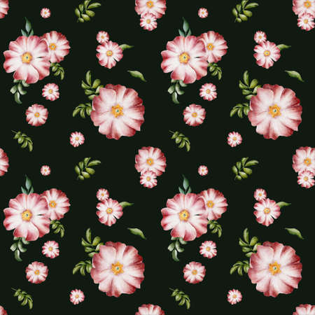 Elegant watercolor floral seamless pattern with pink rosehip flowers and green leaves on the dark...