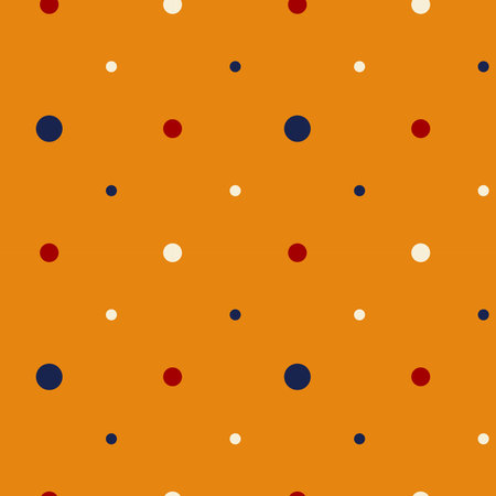 Seamless vector polka dot pattern. Red, white and dark blue dots. on the orange background. Texture print for wrapping paper, wallpaper, fabric, cover, interior design, and others.のイラスト素材
