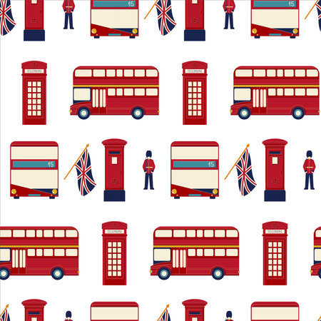 Seamless vector pattern with symbols of London such as English red double-decker bus, red street telephone box, red mailbox, British flag Union Jack, Royal guard on the white background.のイラスト素材