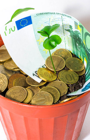 Money with a plant on a white isolated background, coins symbolize financial growthの写真素材