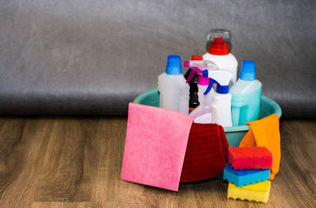 a lot of detergents for cleaning and disinfecting the roomの写真素材