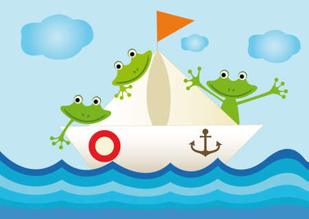 Vektor illustration with frogs on ship for your designのイラスト素材