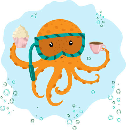 Octopus vector image with cupcake and coffeeのイラスト素材