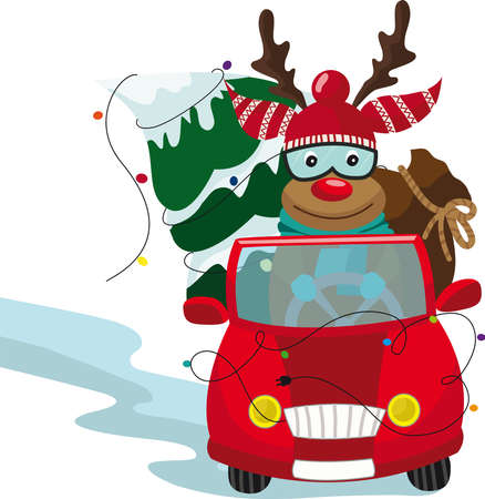 Reindeer and christmas tree with presentsのイラスト素材