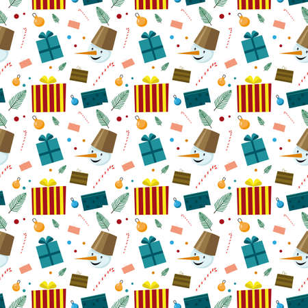 Merry christmas cute seamless pattern with snowman and presents vector image for your design