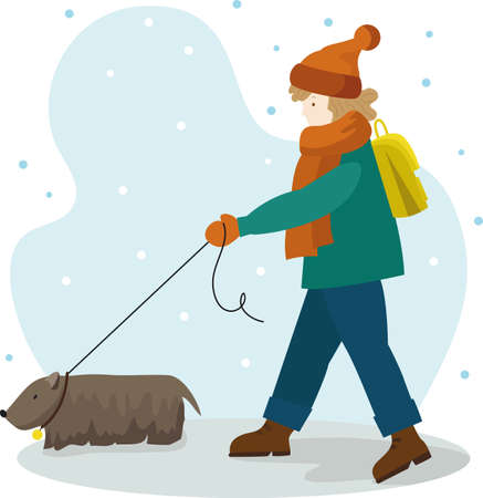 Winter activities girl walking with dog and vector image for your designのイラスト素材
