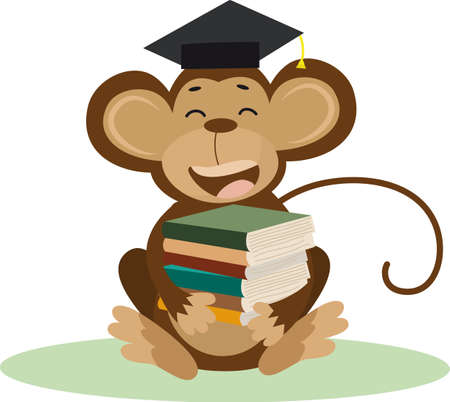Vector illustration of a cute cartoon monkey with bachelor cap and books for your designのイラスト素材