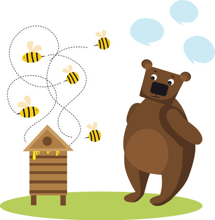 Vector Illustration Bear Beekeeper with Honey Pot, Bees Cute Cartoon vector Imageのイラスト素材