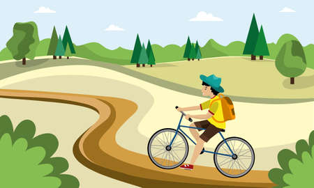 Young man is riding on bicycles on the natural landscape background. Vector illustration.のイラスト素材