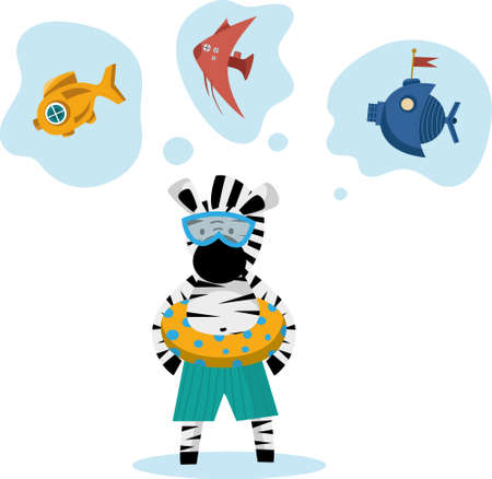 Zebra goes swimming with swimming ring and swimming goggles. Cute animal character for children, cartoon clip art isolated on white. Vector imageのイラスト素材