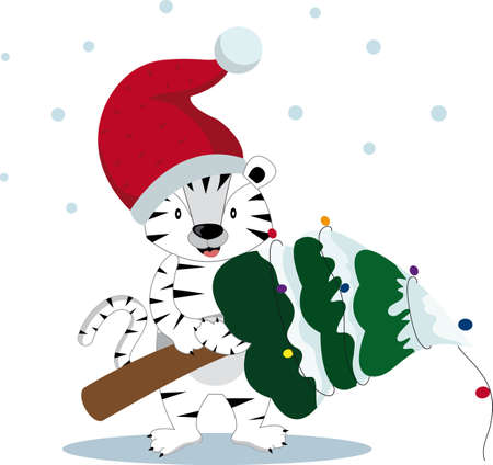 Cute tiger in santa hat and with christmas tree.のイラスト素材