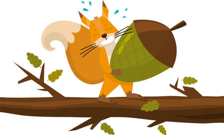Cute cartoon squirrel holding acorn. Funny little brown squirrel collection. Emotion little animal. Cartoon animal character design. Flat vector illustration isolated on white background.のイラスト素材
