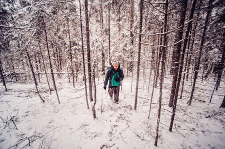Portrait of smiling bearded man hiker, who relaxing in the winter forest. Toned image. Man with a beard tourist in a winter forest. Walks through the forestの写真素材