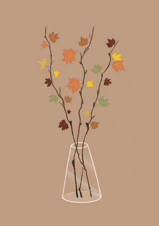 bowl with maple branches on beige backoundの写真素材