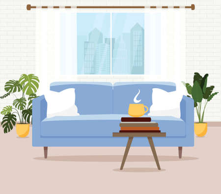 Living room interior with furniture. Vector illustration in flat styleのイラスト素材