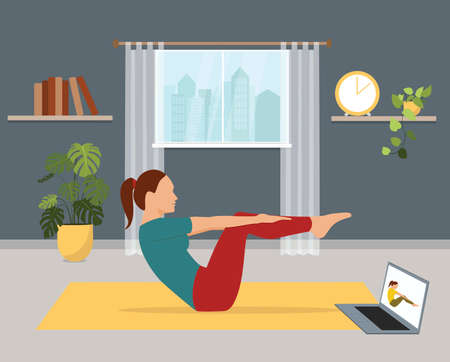 Woman doing workout in living room using online personal training program.Sport exercise at home. Yoga and fitness, healthy lifestyle. Flat vector illustrationのイラスト素材