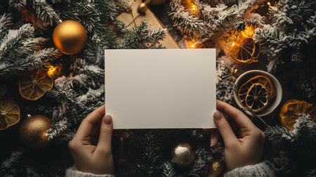 xmas and new year top view blank card in hands with christmas decoration backgroundの素材