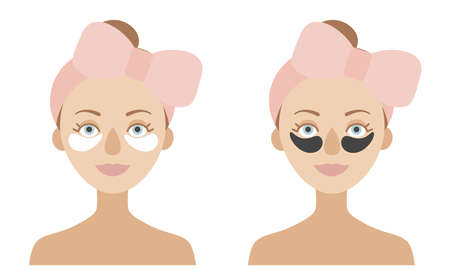 A girl with a big pink rim on her head and patches under her eyes. Two ways to apply patches. Vector flat on white backgroundのイラスト素材