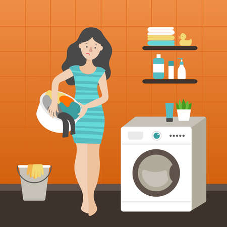 Girl with a basket of clothes A brunette in a blue striped dress. Orange walls, bucket, rubber gloves, towels, duck. Flat vectorのイラスト素材