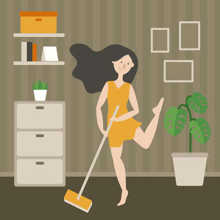 Happy housewife with a MOP singing the floor. Living room interior. Monstera, dresser, frame. Yellow girl dancing flat vectorのイラスト素材