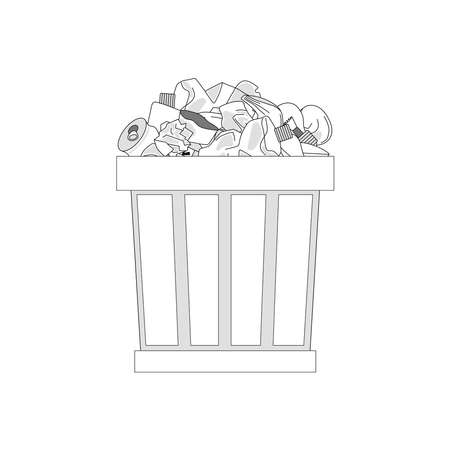 Garbage can with household waste. Plastic cups, bottles, bags, light bulbs, batteries, paper and more.のイラスト素材