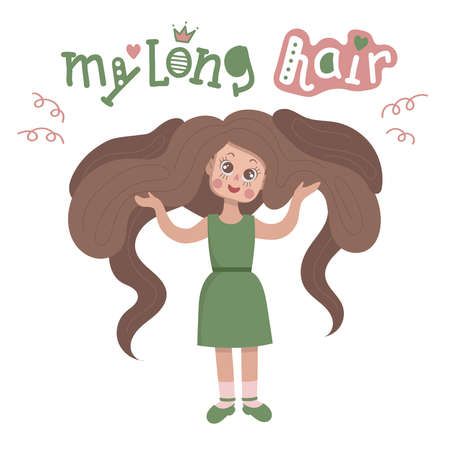 Cute cartoon girl with long hair. She holds her heavy hair in both hands. Lettering with the words my long hair.のイラスト素材
