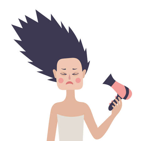 Girl with hair dryer. Vector on white backgroundのイラスト素材