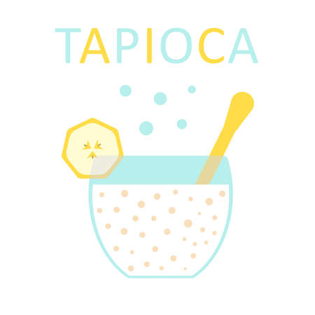 Tapioca with banana in a bowl with a spoon.のイラスト素材