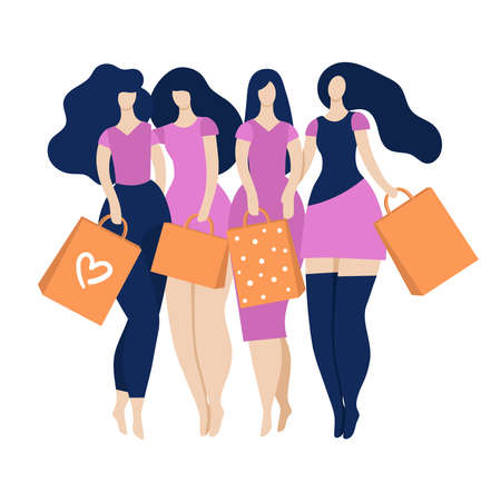 Four friends on a shopping trip. Women walking and holding paper bags.のイラスト素材