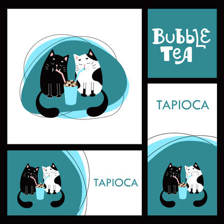 Two cats drink tea with tapioca through a tube. Copy space for your text.のイラスト素材