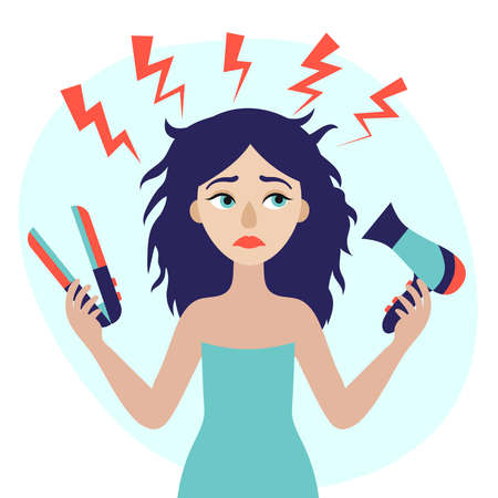 Young beautiful woman with hair dryer and styler in her hand. Hair problem. Damage. Flat vector illustrationのイラスト素材