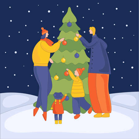 Happy family decorate Christmas tree with balloons. A gathering of parents and children to prepare for the holiday. Flat cartoon vectorのイラスト素材
