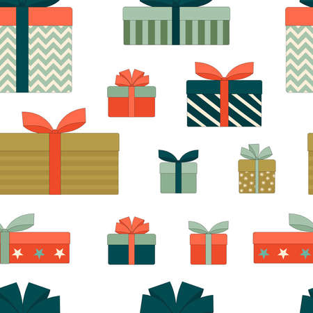 Gift boxes with bows.Christmas, new year, birthday. Seamless pattern. Flat linear vector illustrationのイラスト素材