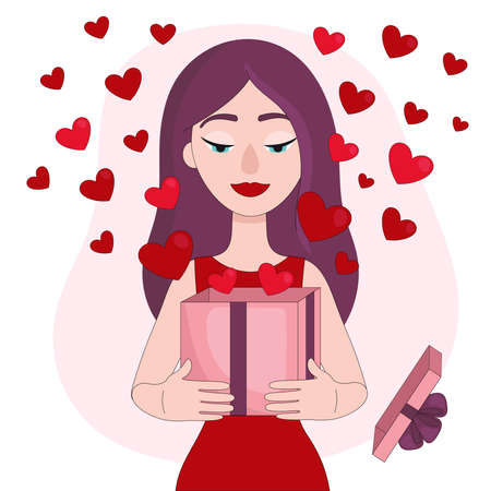 Young beautiful woman holding a gift box. Hearts fly out from under the open lid. Congratulations on Valentine's day, birthday or other holiday with love. Linear vector illustrationのイラスト素材