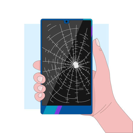 Hand holding a blue glossy smartphone with a broken screen. Breakage. Phone repair.Modern gadgets. Linear flat vector illustrationのイラスト素材