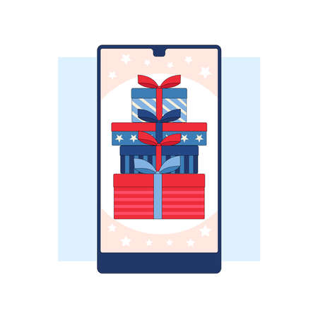 Winning the prize draw. Gift boxes on the smartphone screen.Flat linear stock vector illustrationのイラスト素材